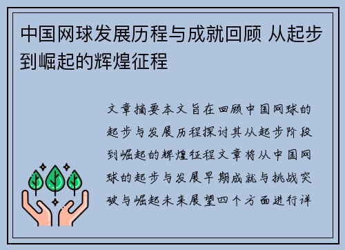 中国网球发展历程与成就回顾 从起步到崛起的辉煌征程